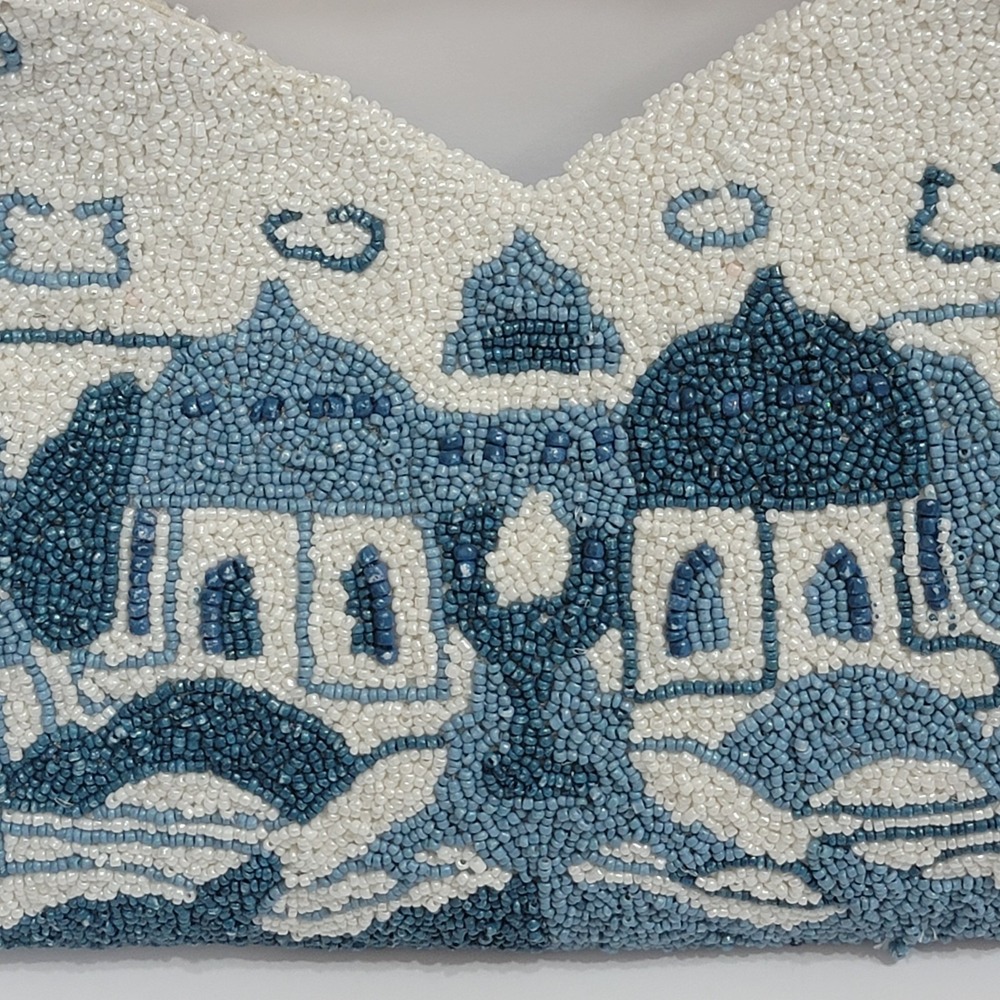 Viral Blue White Santorini Greece Beaded Bamboo Handle Bag Clutch Made India NWT - Picture 4 of 9